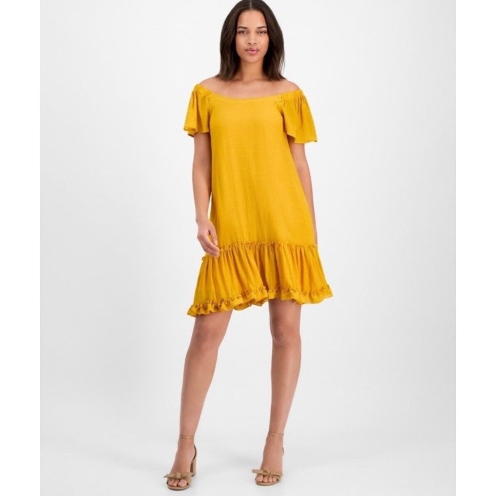 Robbie Bee | On-Off Shoulder Flutter Sleeve Mustard Yellow Mini Dress Size M